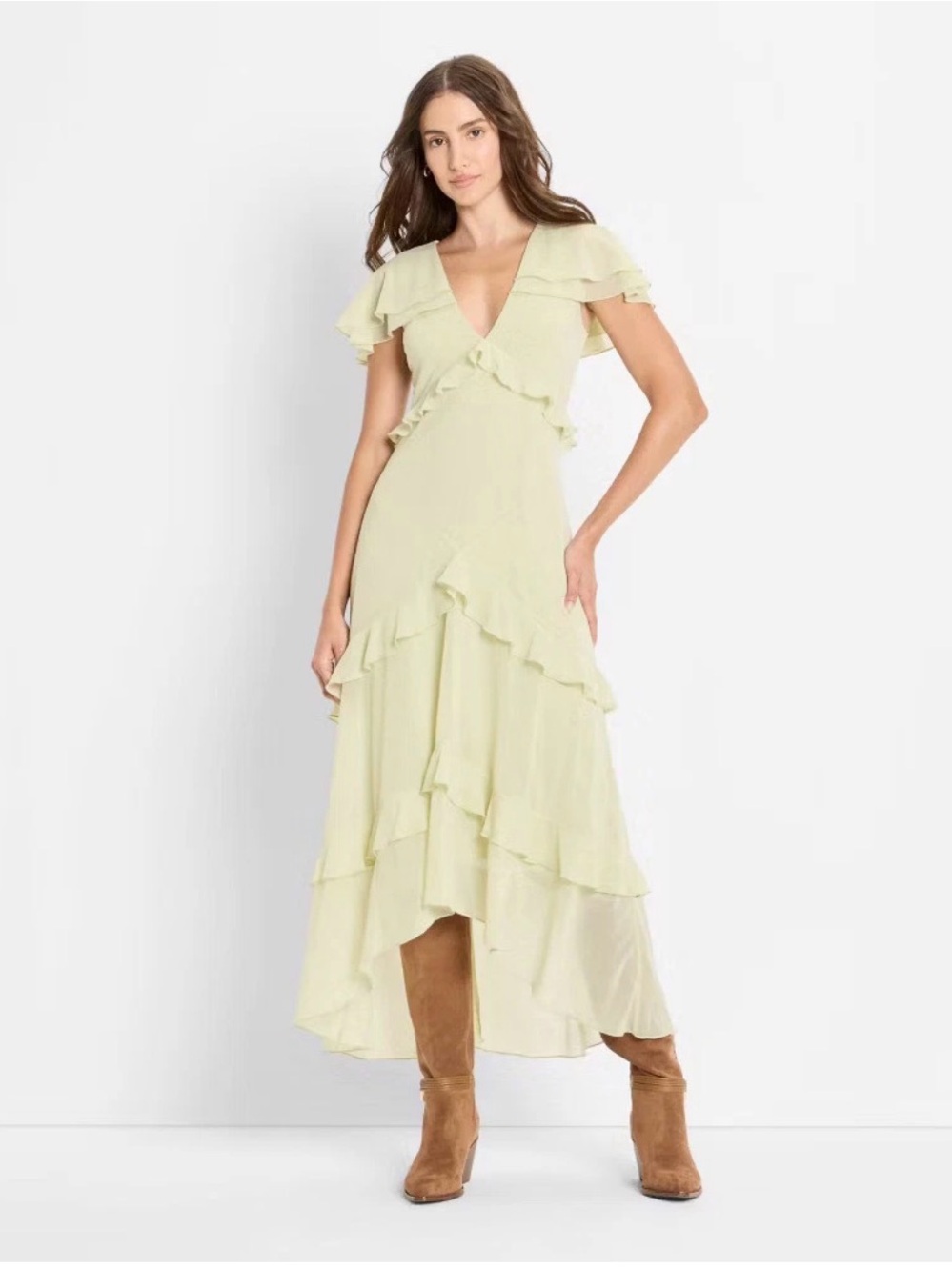 Light Sage Ruffle High-Low Maxi Dress